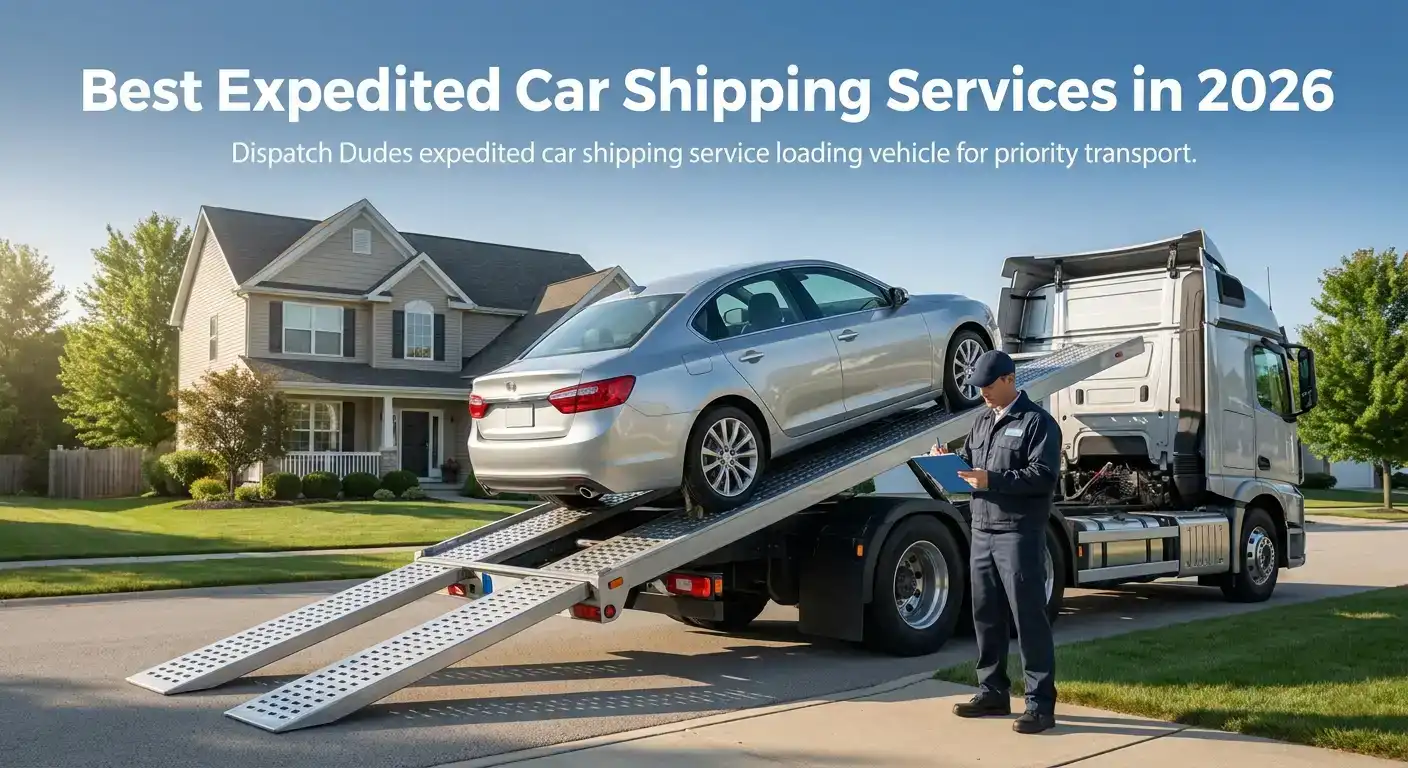 A car on a flatbed carrier beneath expedited shipping text.