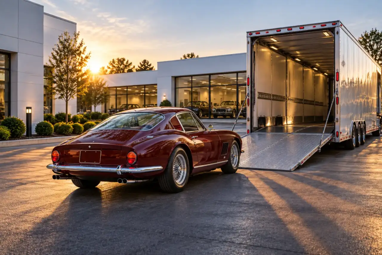 A classic car beside an enclosed trailer at sunset.