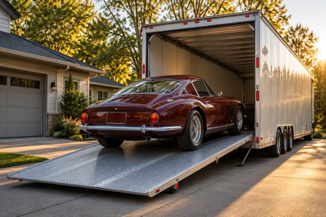A classic car on an enclosed trailer ramp beside a house.