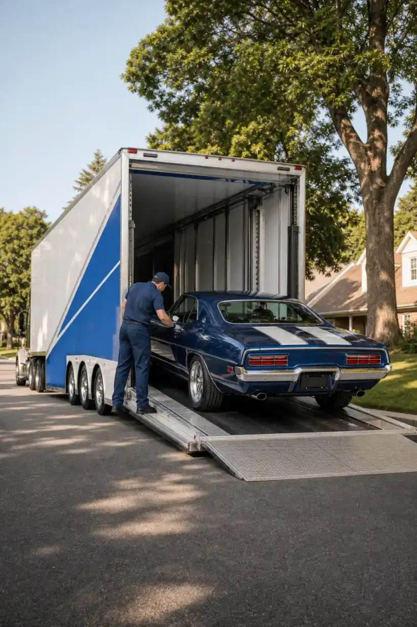 A classic car on an enclosed trailer ramp.