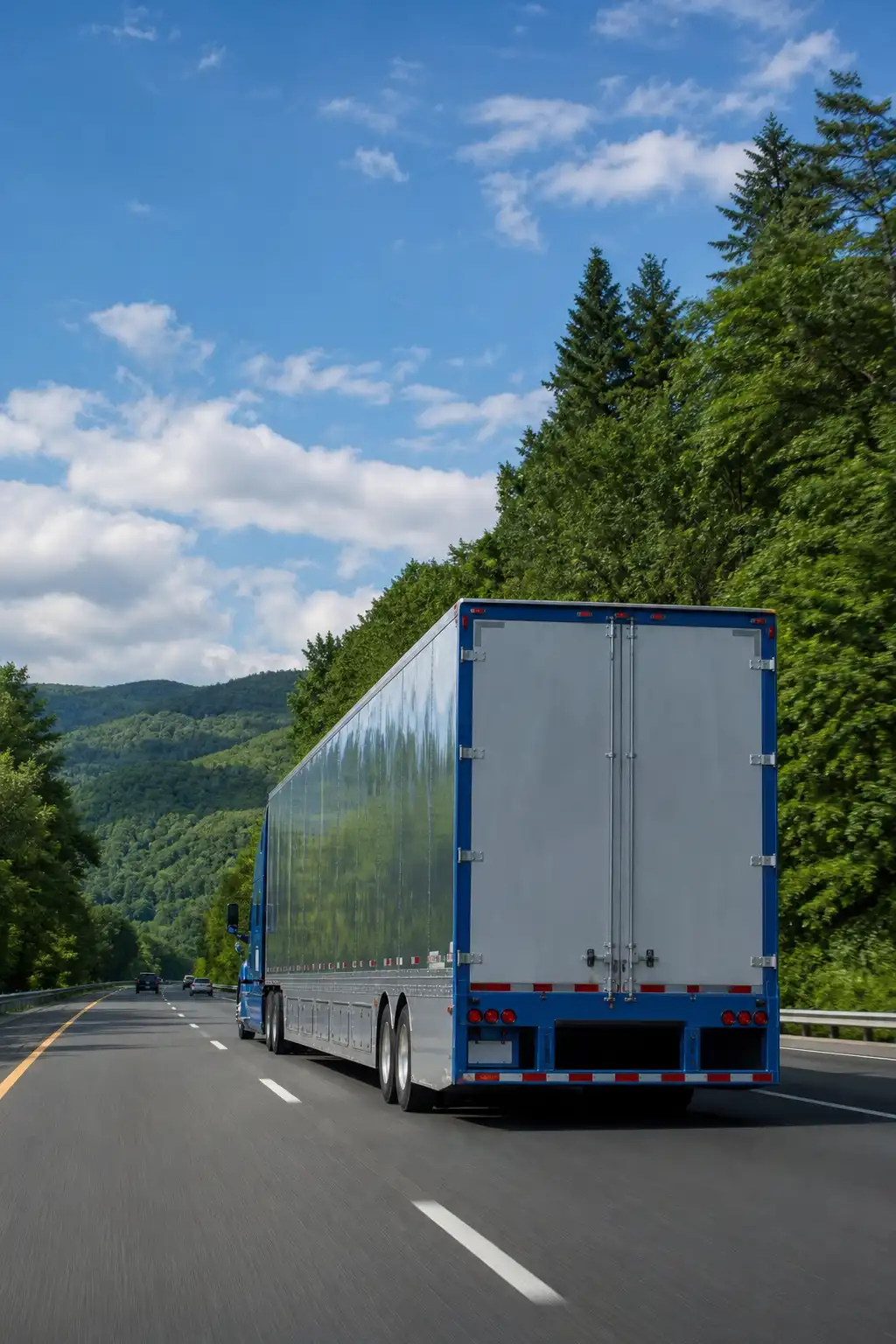 An enclosed trailer traveling along a divided highway.