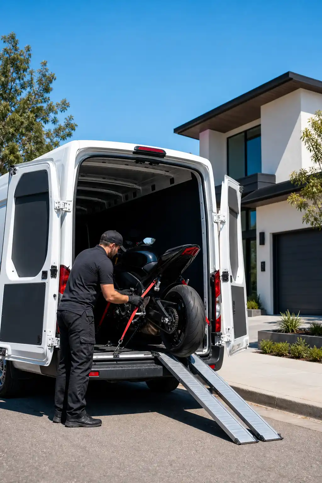 A person unloading a motorcycle from a van using a ramp.