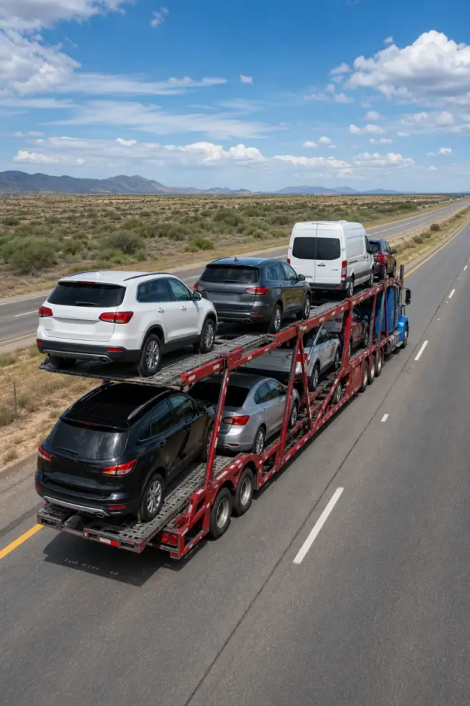 An open car carrier transporting several vehicles along a highway.