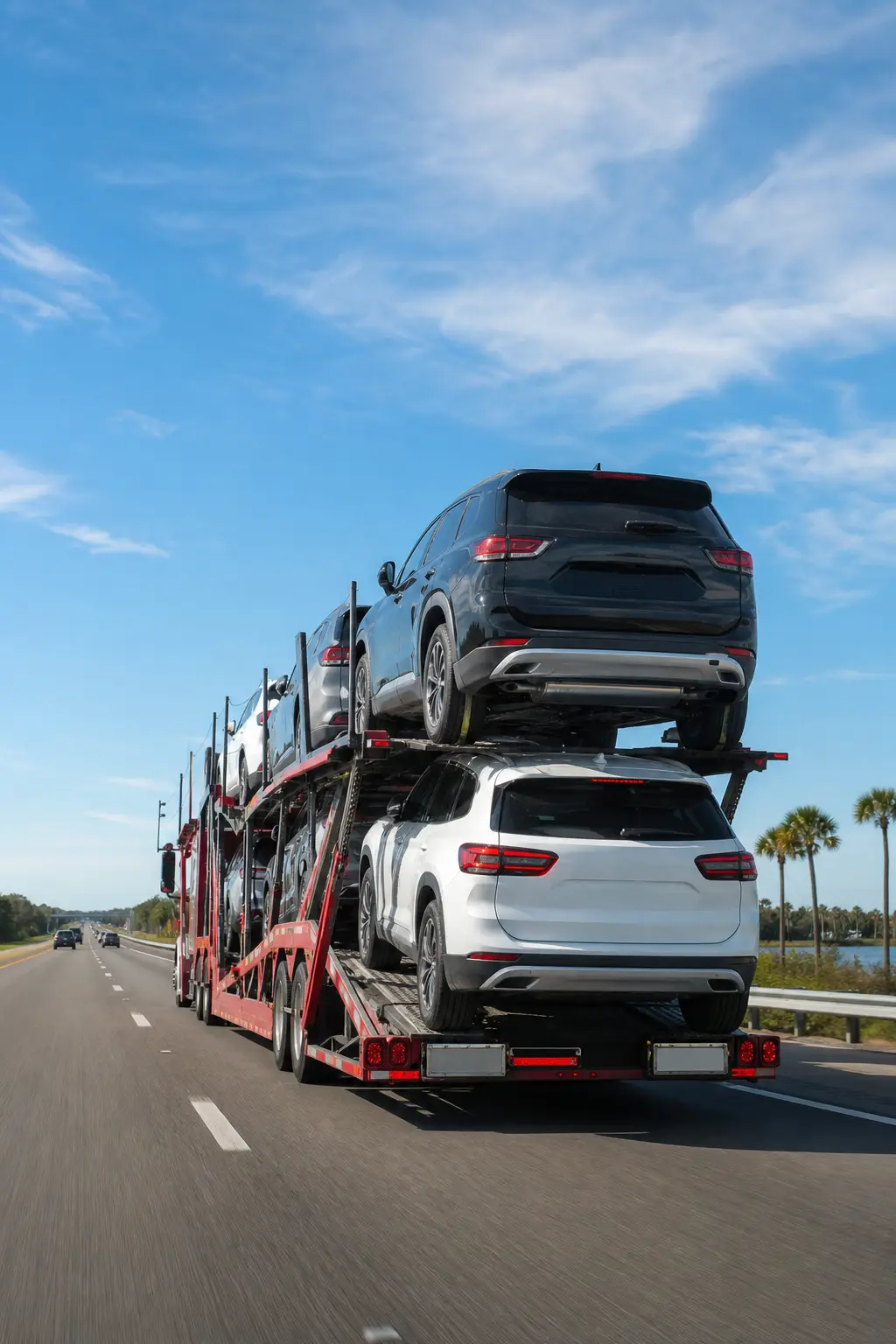 An open car carrier transporting SUVs and cars along a highway.