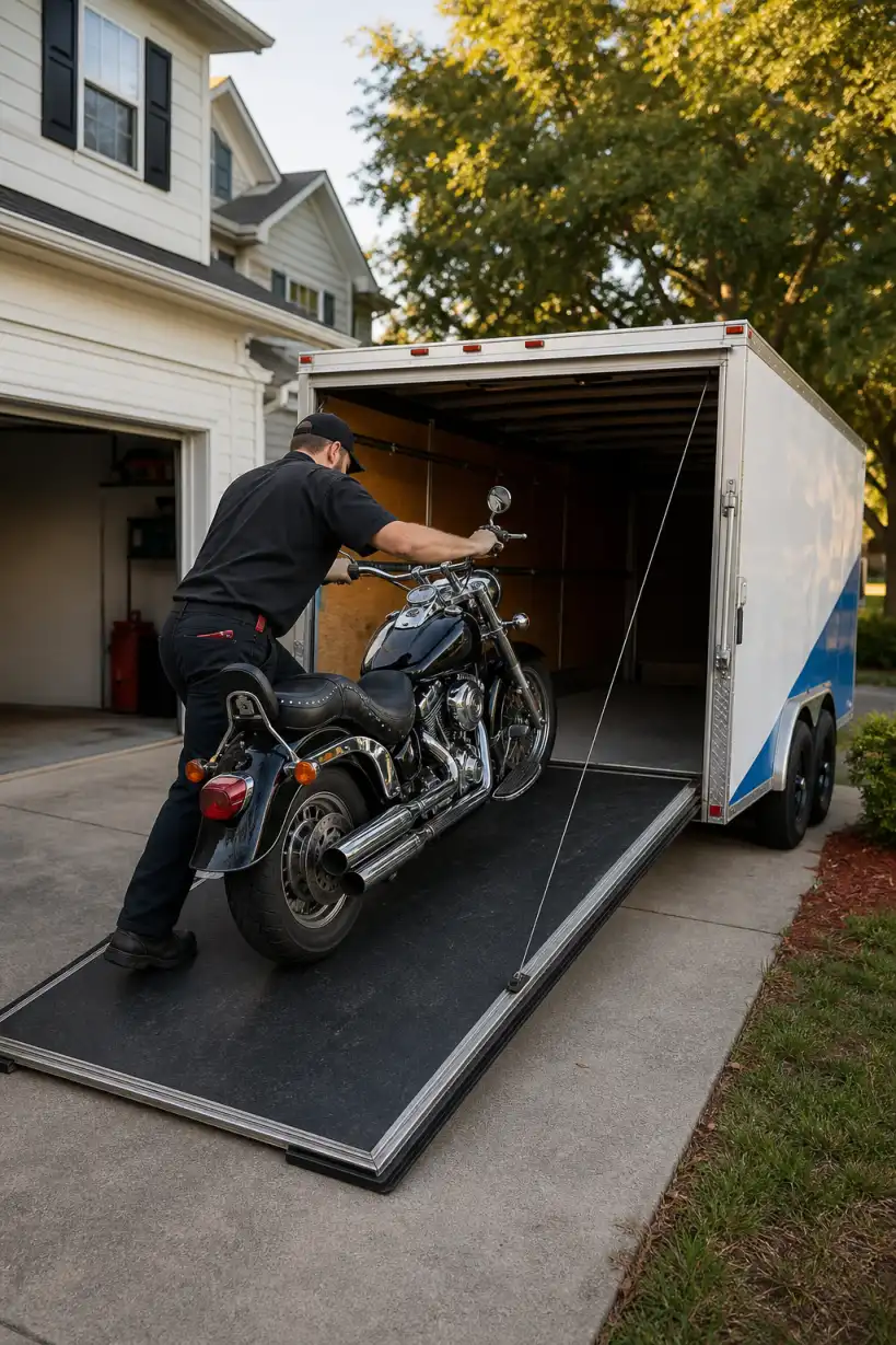 A person loading a motorcycle into a trailer.