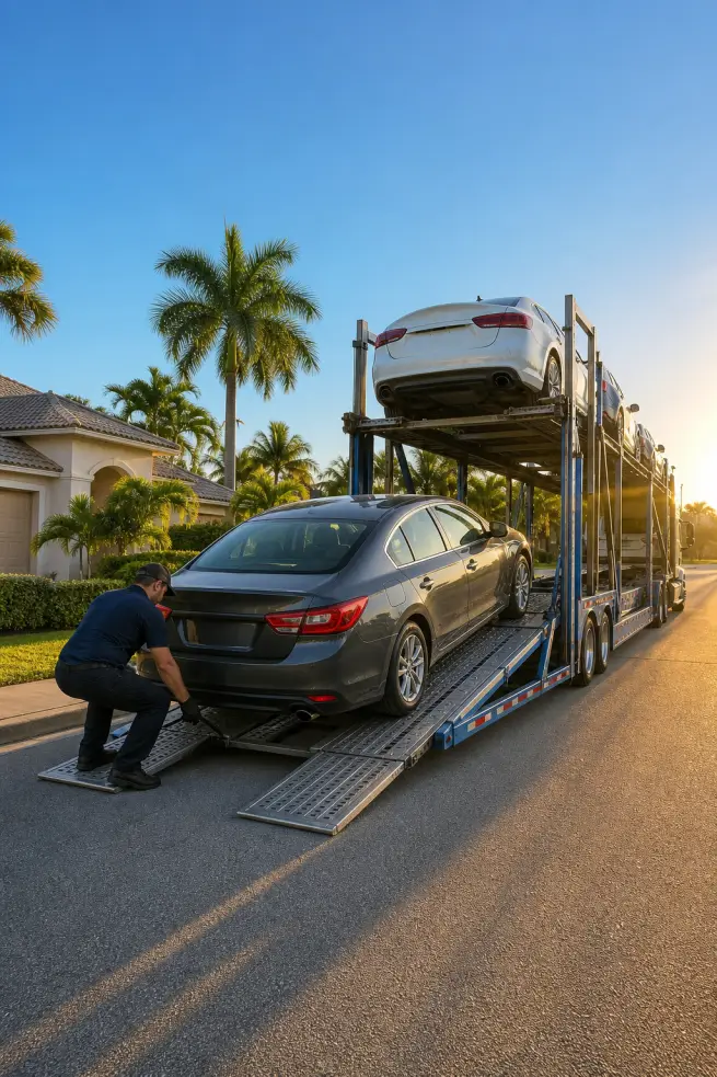 A person securing a car on a palm-lined street.