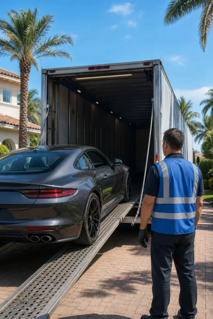 A sedan on a loading ramp beside a worker and an enclosed trailer.