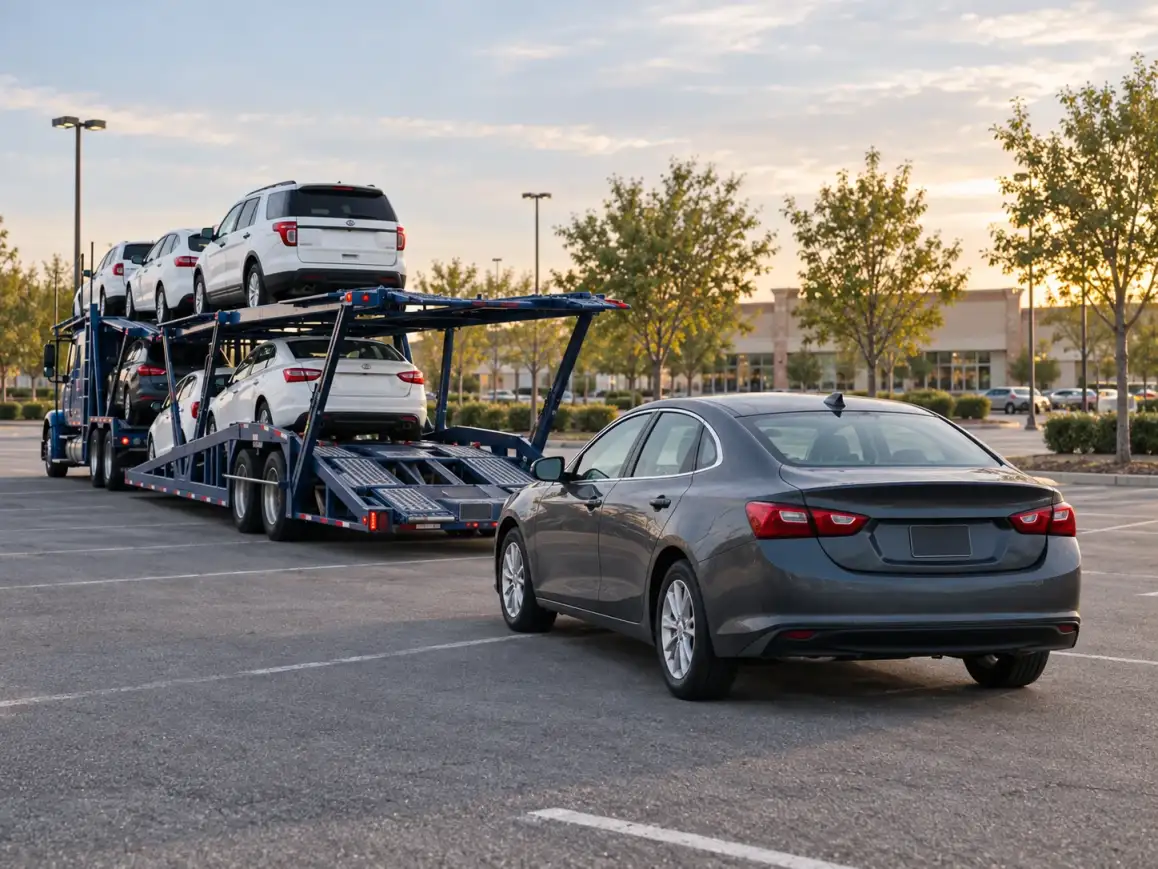 A sedan beside a loaded open car carrier.