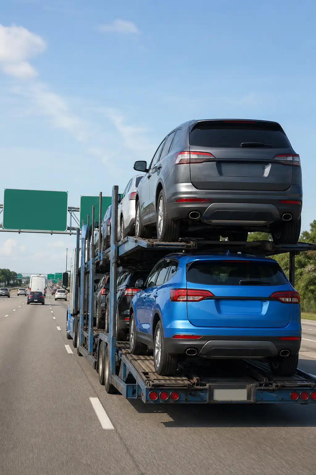 Vehicles loaded on an open car carrier on a highway.
